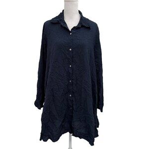 Comfy USA Crinkle Button Down Tunic Top Blouse Lagenlook Navy Blue size Small